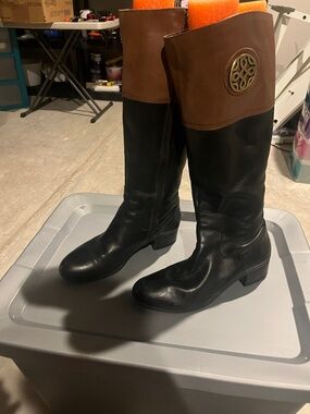 Franco Fortini Black and Brown Tall Leather Riding Boots with Medallion